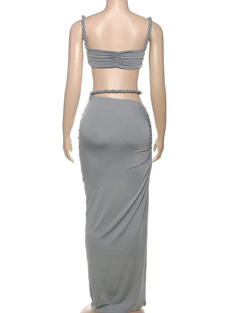 CuteNew Women’s 2-Piece Set – Pleated Crop Cami & Shirred High-Waist Maxi Skirt NNOS