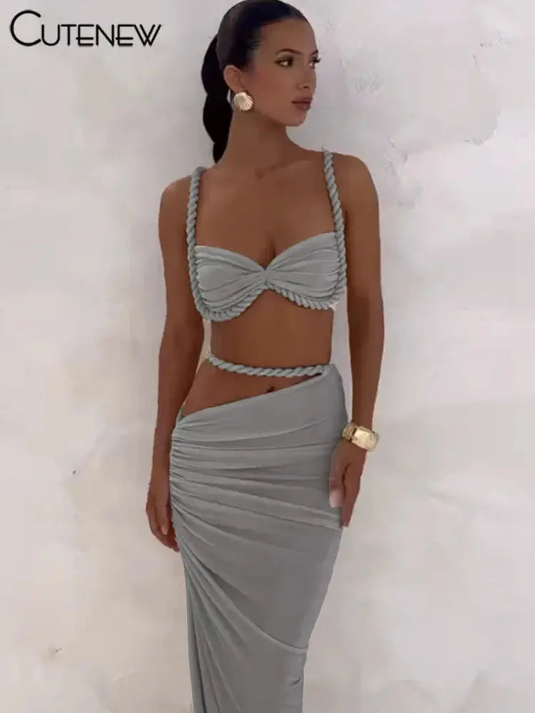 CuteNew Women’s 2-Piece Set – Pleated Crop Cami & Shirred High-Waist Maxi Skirt NNOS