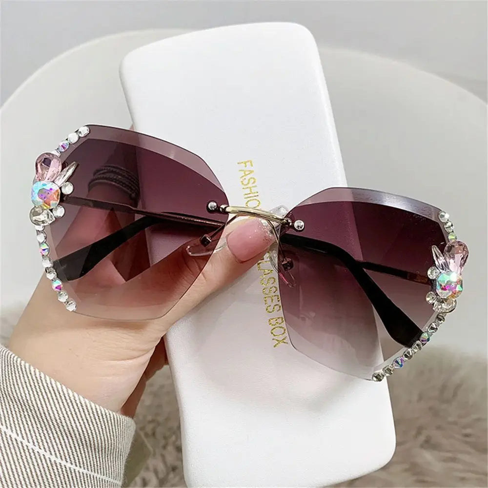 UV400 Rimless Rhinestone Sunglasses for Women – Shiny Diamond Cutting Lens Frameless Fashion Sunglasses NNOS