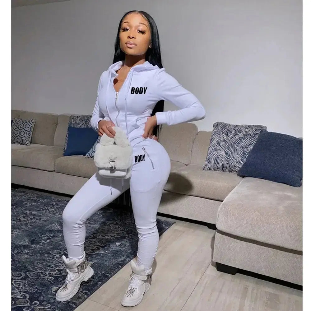 Women's Spring Winter 2 Piece Set Zipper Fly Hoodie And Pants Outfit High Stretch Polyester Spandex Body Letter Tracksuit Sweatsuit NNOS