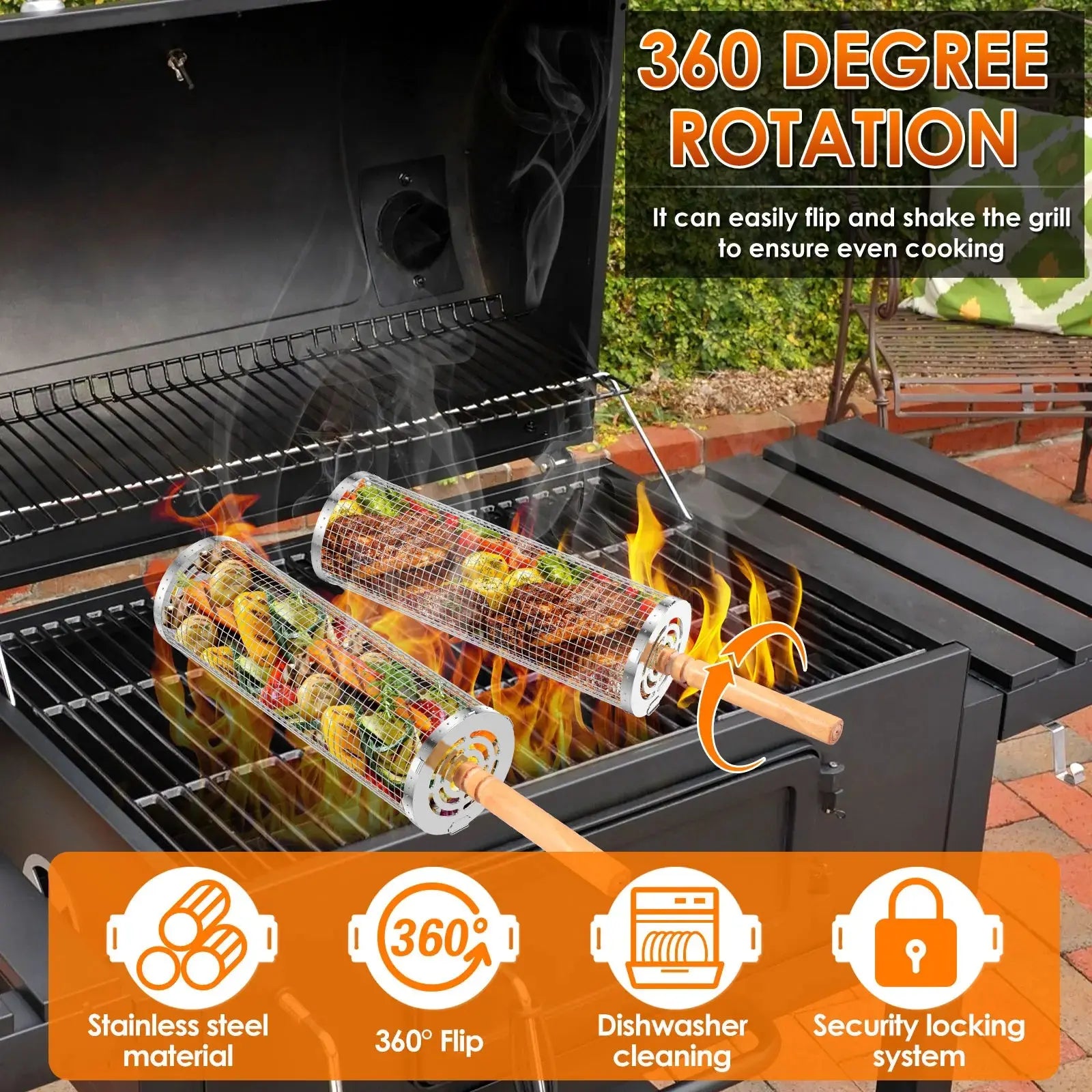 Portable Grill Basket – Stainless Steel with Wood Handle for Effortless BBQing NNOS