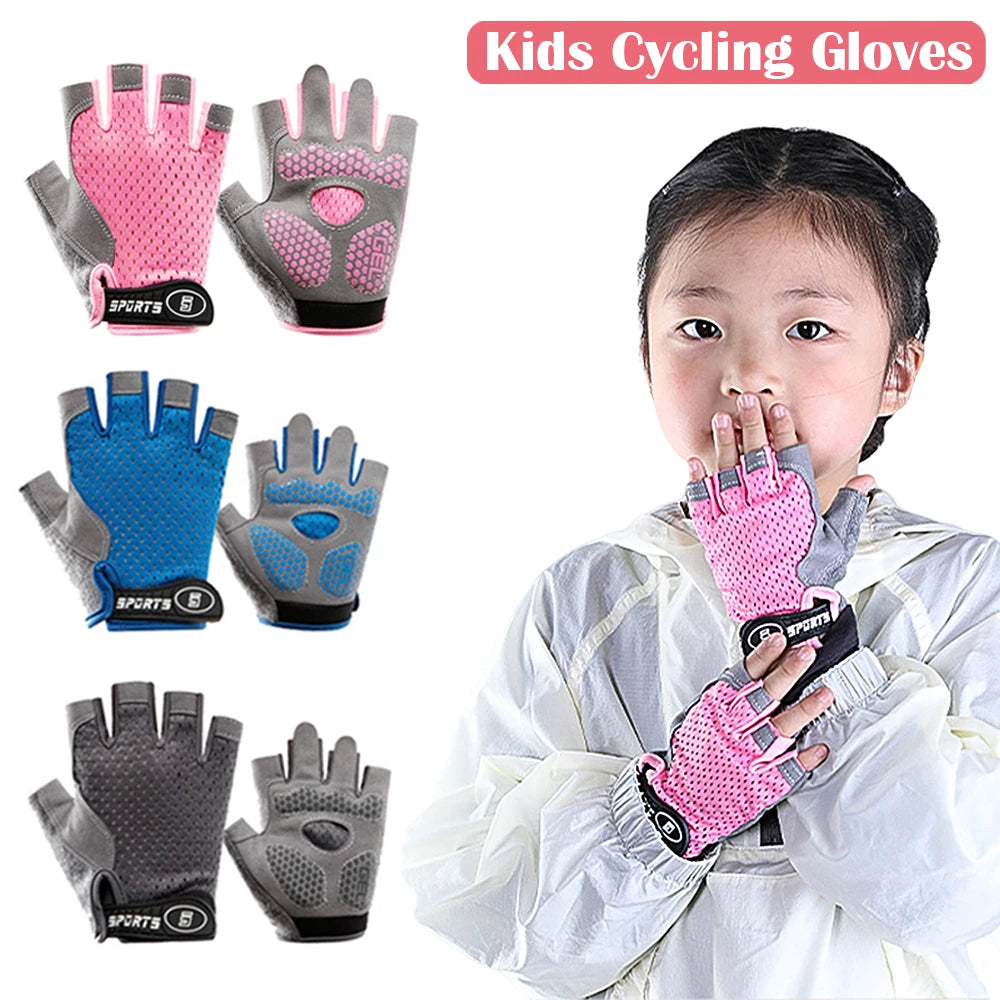 1Pair Non-slip Kids Gloves Half Finger Thickened Palm Protective Faux Leather Tear Resistant - Cycling Climbing Kid Sport Gloves NNOS