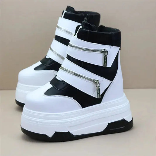 15cm Spring Autumn Women High Top Sneakers Breathable Thick Sole Chunky Sneakers Ankle Boots Platform Booties Wedge Boots White NNOS