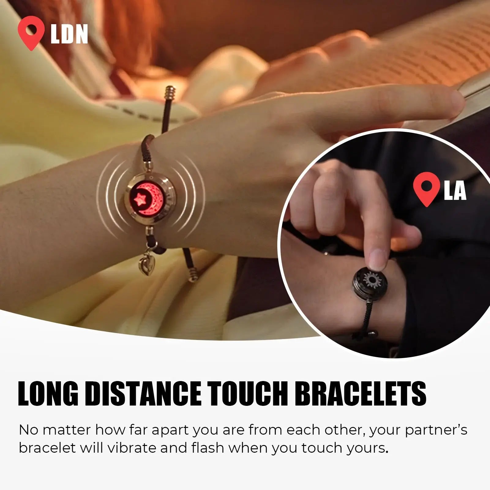 Totwoo Long Distance touch Light up&Vibrate Bracelets for Couples, Long Distance Relationship Gifts Smart Sun&Moon Love Bracelet NNOS