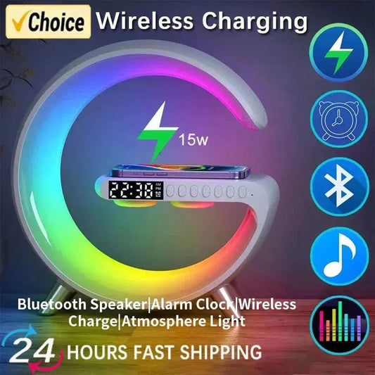 Multifunction RGB Light Bluetooth Speaker Alarm Clock 15W Wireless Charger Stand Pad For iPhone Samsung Fast Charging Station product image
