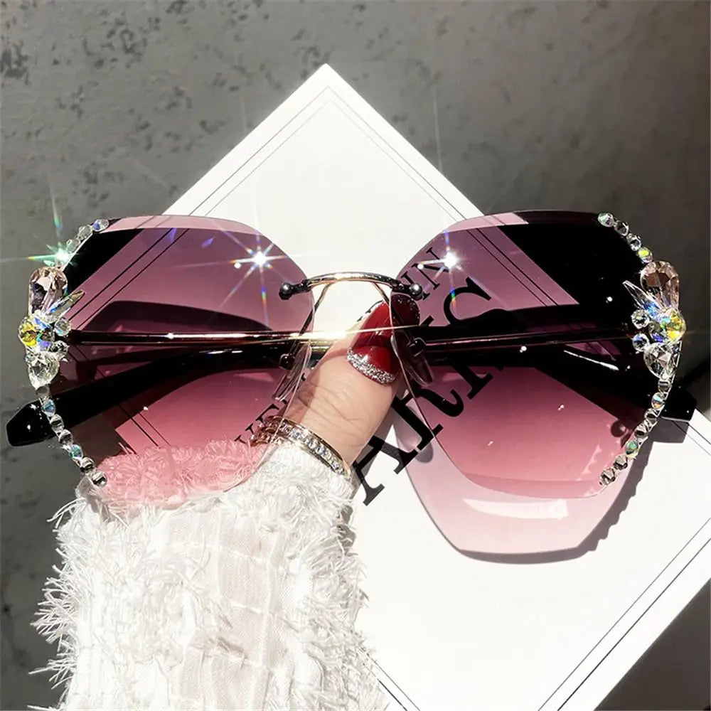 UV400 Rimless Rhinestone Sunglasses for Women – Shiny Diamond Cutting Lens Frameless Fashion Sunglasses NNOS