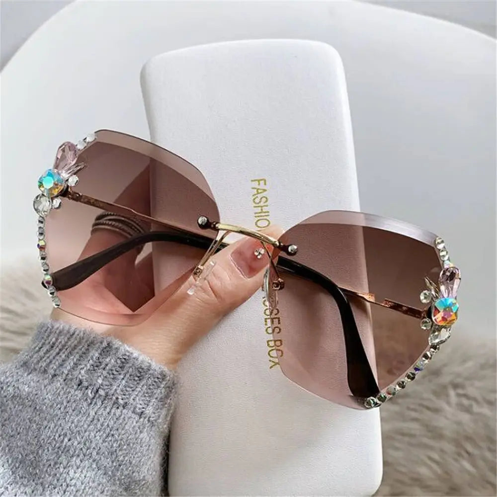 UV400 Rimless Rhinestone Sunglasses for Women – Shiny Diamond Cutting Lens Frameless Fashion Sunglasses NNOS