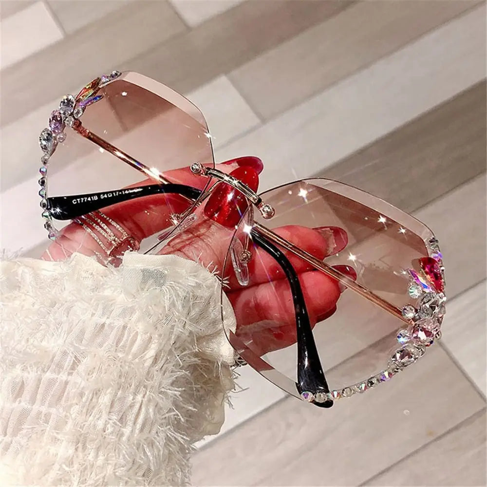 UV400 Rimless Rhinestone Sunglasses for Women – Shiny Diamond Cutting Lens Frameless Fashion Sunglasses NNOS