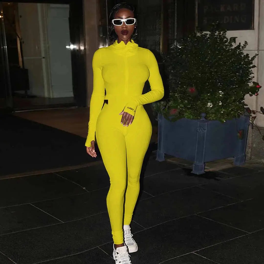 Women's Ribbed Rompers Long Sleeve Fitness Jumpsuit Embroidery Lucky Label Letter Zipper Streetwear Active Wear for Workout NNOS