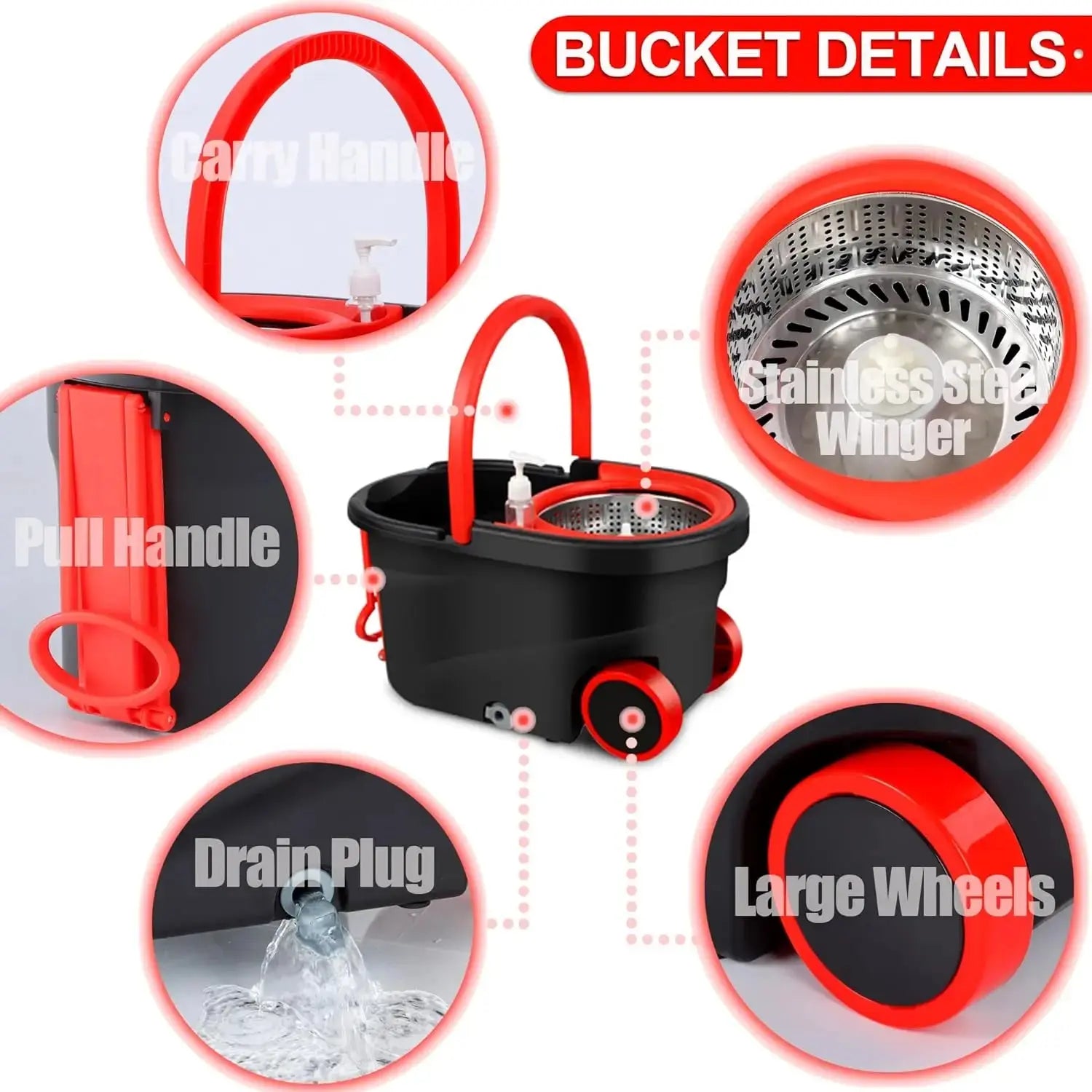 Black Spin Mop Bucket Sets Wrings System, Bucket with Wheels Extendable and Adjustable Handle, 3 Replacement Mop Refills NNOS