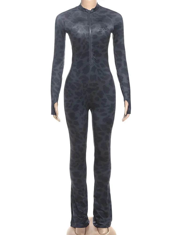 Women's Sexy Fashion Leopard Print Jumpsuit with Zip Cardigan Design Full Sleeve Slim Fit High Waist Ankle-Length Overalls NNOS