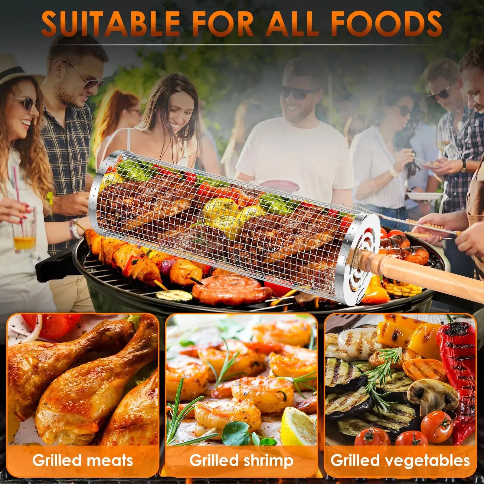 Portable Grill Basket – Stainless Steel with Wood Handle for Effortless BBQing NNOS