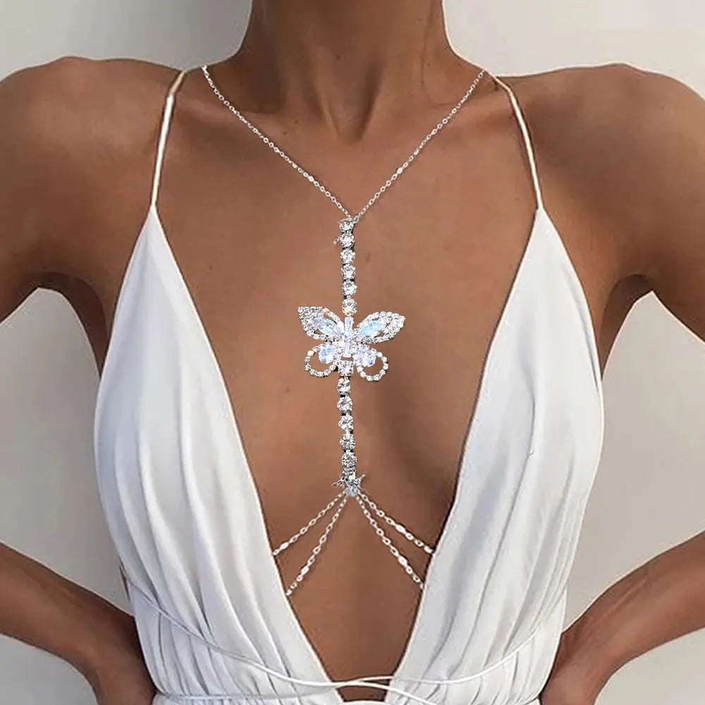 Stonefans Zircon Butterfly Chest Chain Rave Jewelry Festival Crystal Outfit Beach Summer Sexy Bra Chain Necklace Women Clothing product image