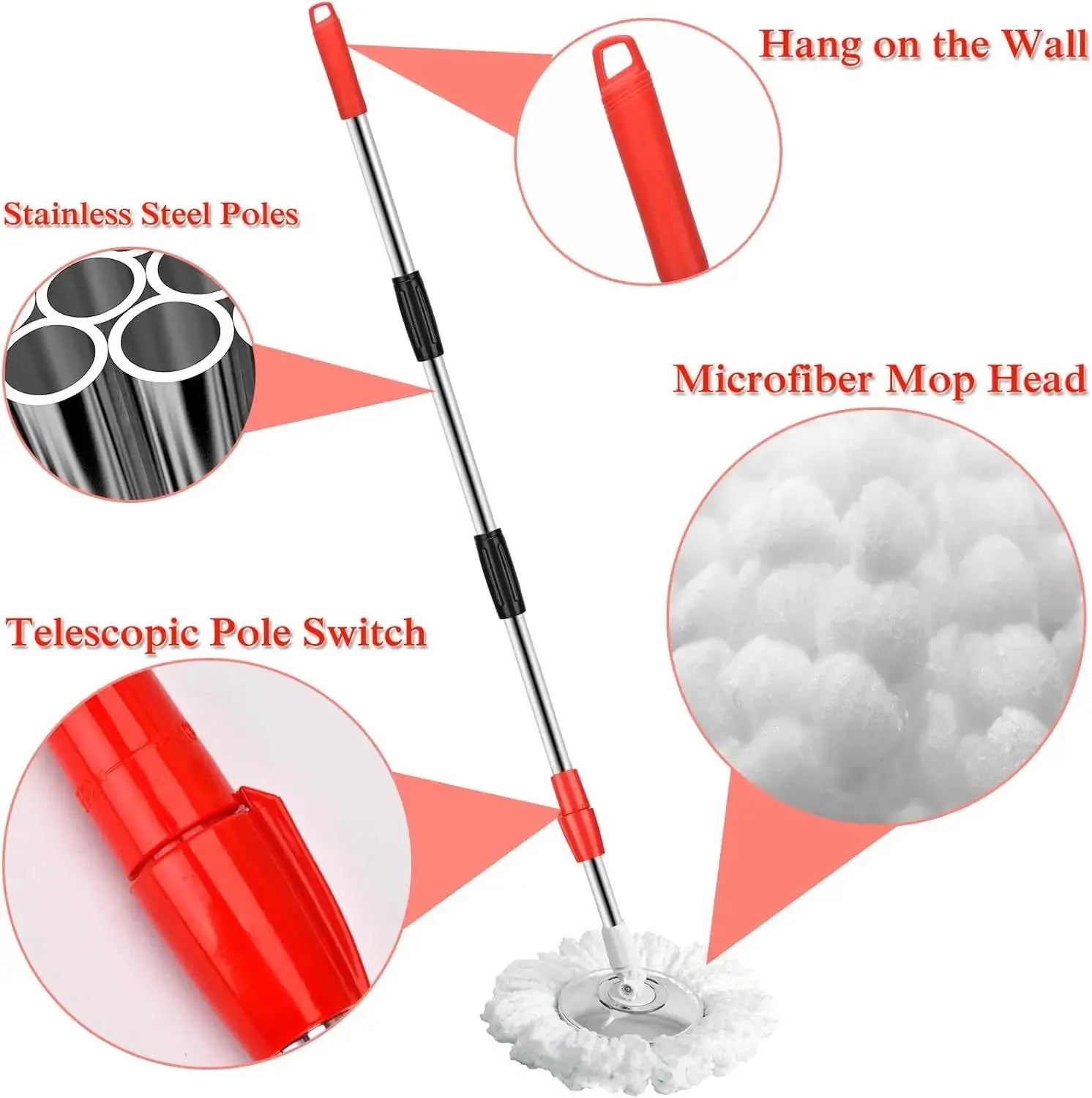 Black Spin Mop Bucket Sets Wrings System, Bucket with Wheels Extendable and Adjustable Handle, 3 Replacement Mop Refills NNOS