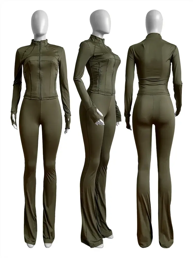 Autumn And Winter New Long Sleeves Zipper Crop top Suits Tracksuits Women's Suits Fashion Pants Female Soild 2 Piece Sets 2024 NNOS
