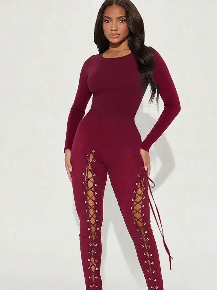 Sexy Fall Jumpsuits for Women DIY Shirring O-Neck Full Sleeve Stretch Polyester Slim Fit Ankle-Length Party Clubwear NNOS