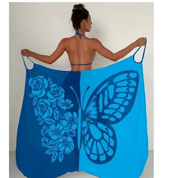Sexy Butterfly Print Cover Up Swimwear Women Dress Summer Tunic Bikini Bath Sarong Wrap Skirt Swimsuit Elegant Lady Beachwear NNOS