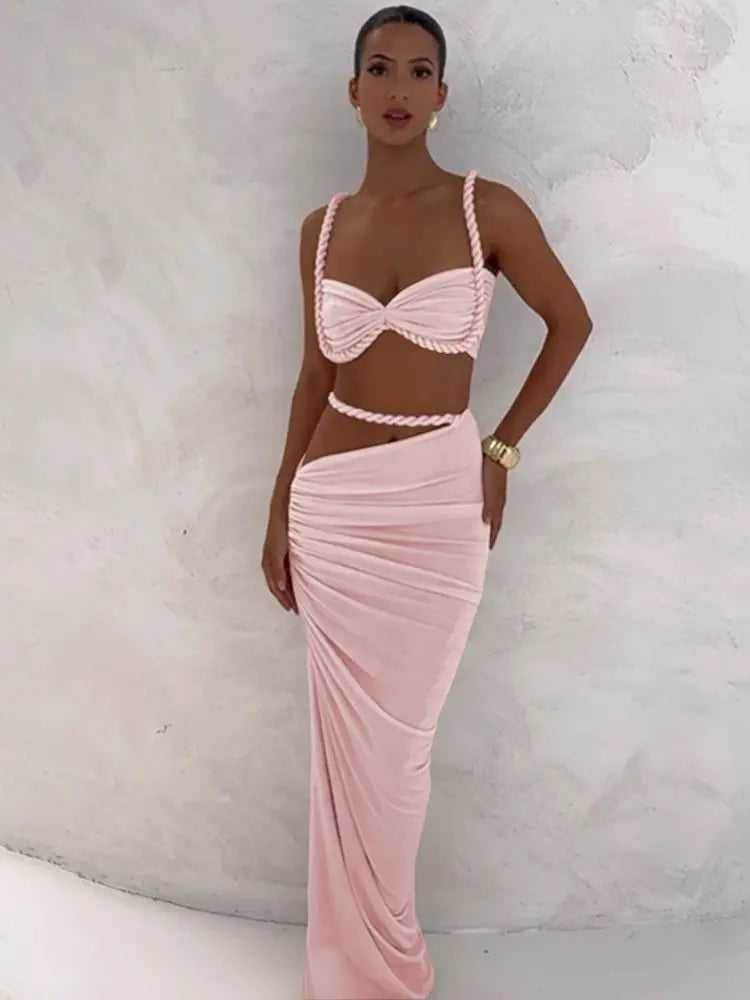 CuteNew Women’s 2-Piece Set – Pleated Crop Cami & Shirred High-Waist Maxi Skirt NNOS
