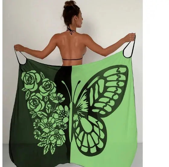 Sexy Butterfly Print Cover Up Swimwear Women Dress Summer Tunic Bikini Bath Sarong Wrap Skirt Swimsuit Elegant Lady Beachwear NNOS