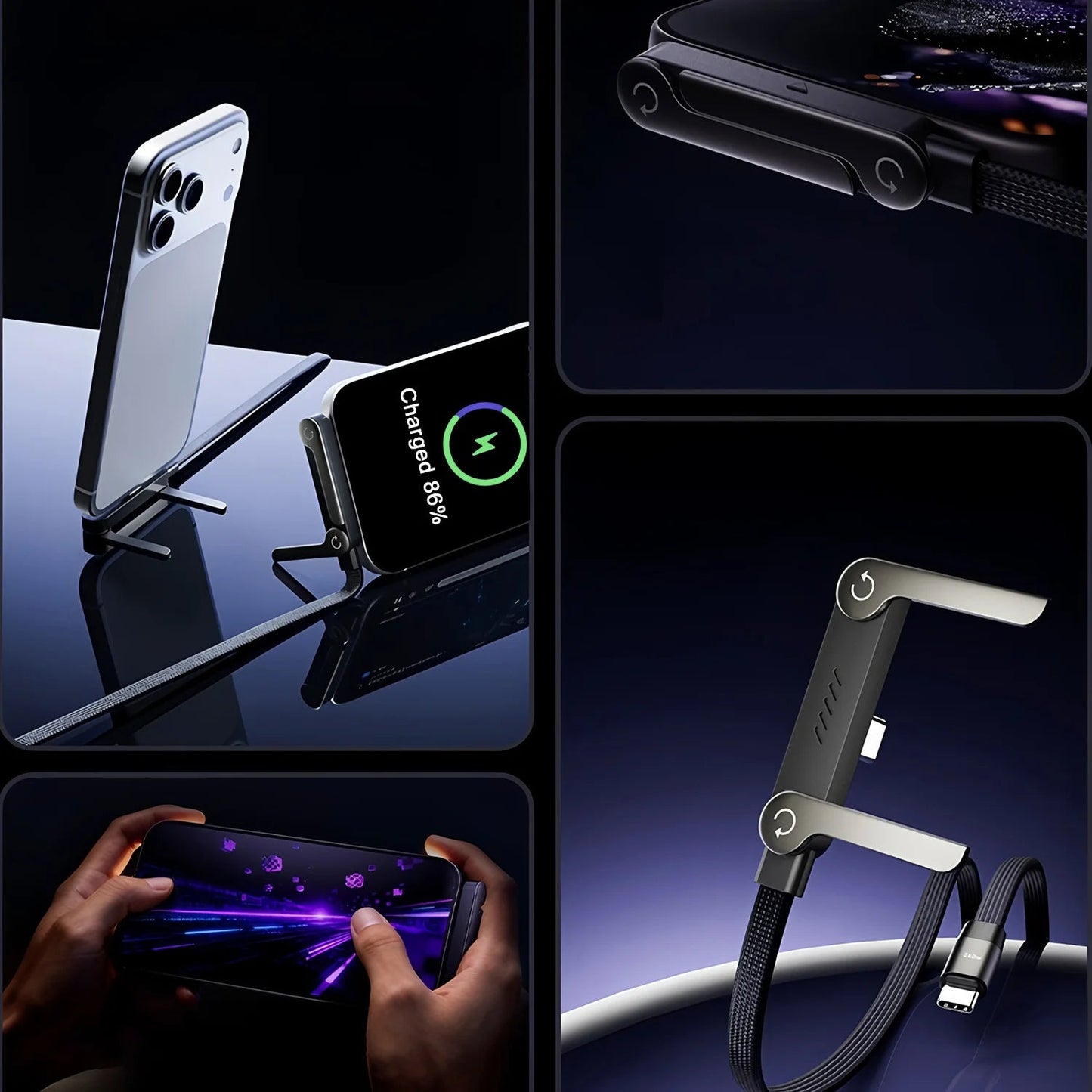 2-IN-1 Type-C Cable Foldable Mobile Phone Holder 240W Fast Charging Data Cable Multifunction Phone Charge Bracket Dual PD cable NNOS