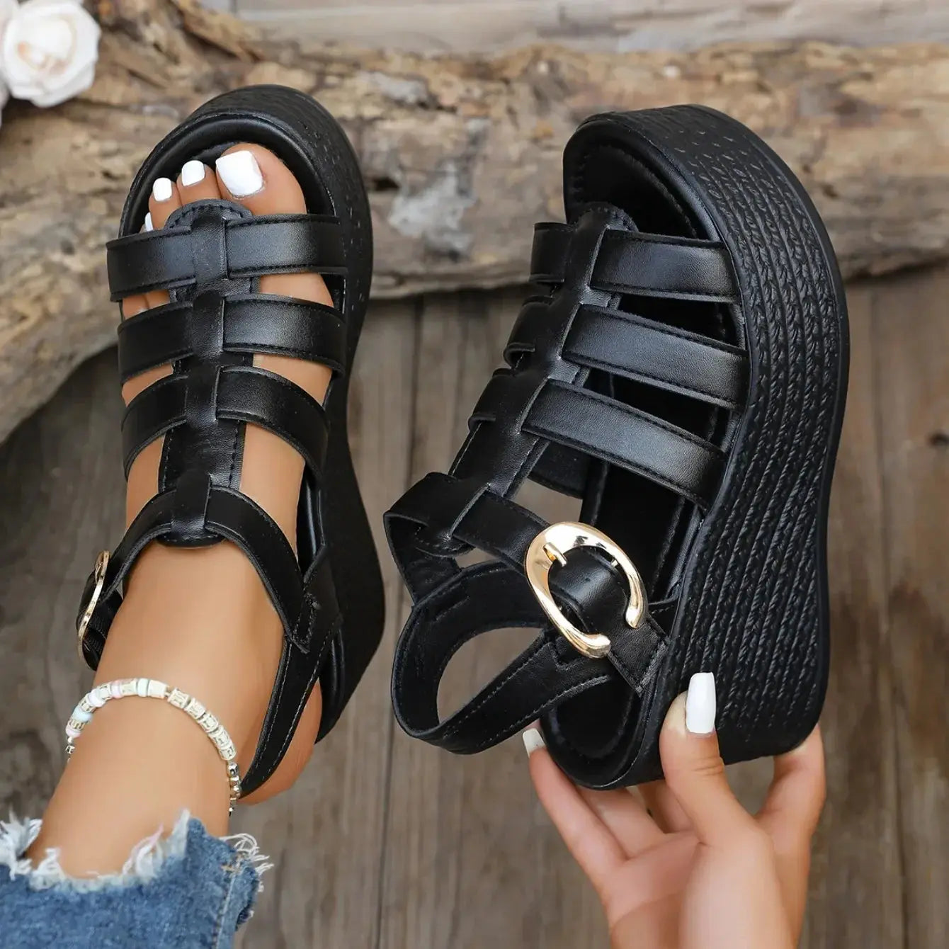 Summer Ankle Buckle Women Wedge Sandals Patchwork Platform Sandals Breathable Comfort Non-slip Soft Sole Gladiator Shoes Women NNOS
