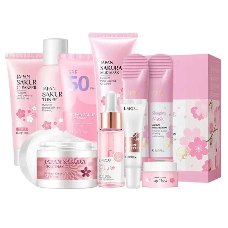 6Pcs and 9Pcs Sakura Skin Care Set – Face Cream, Serum, Toner & Cleanser Gift Box NNOS