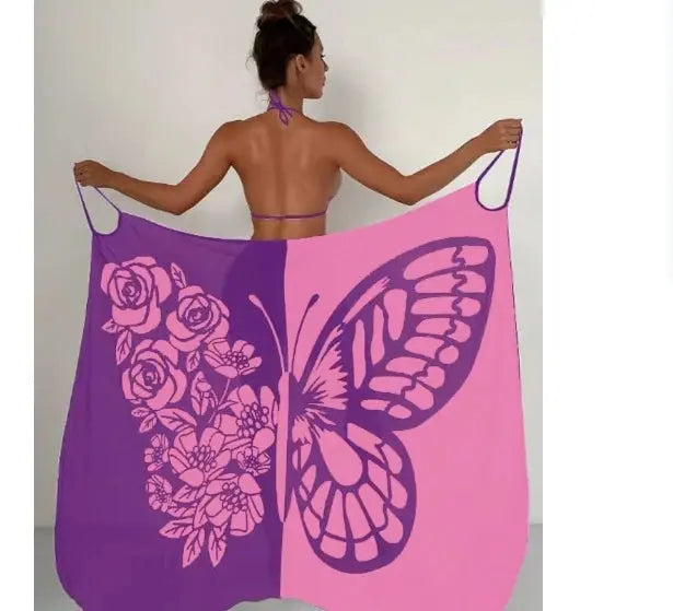 Sexy Butterfly Print Cover Up Swimwear Women Dress Summer Tunic Bikini Bath Sarong Wrap Skirt Swimsuit Elegant Lady Beachwear NNOS
