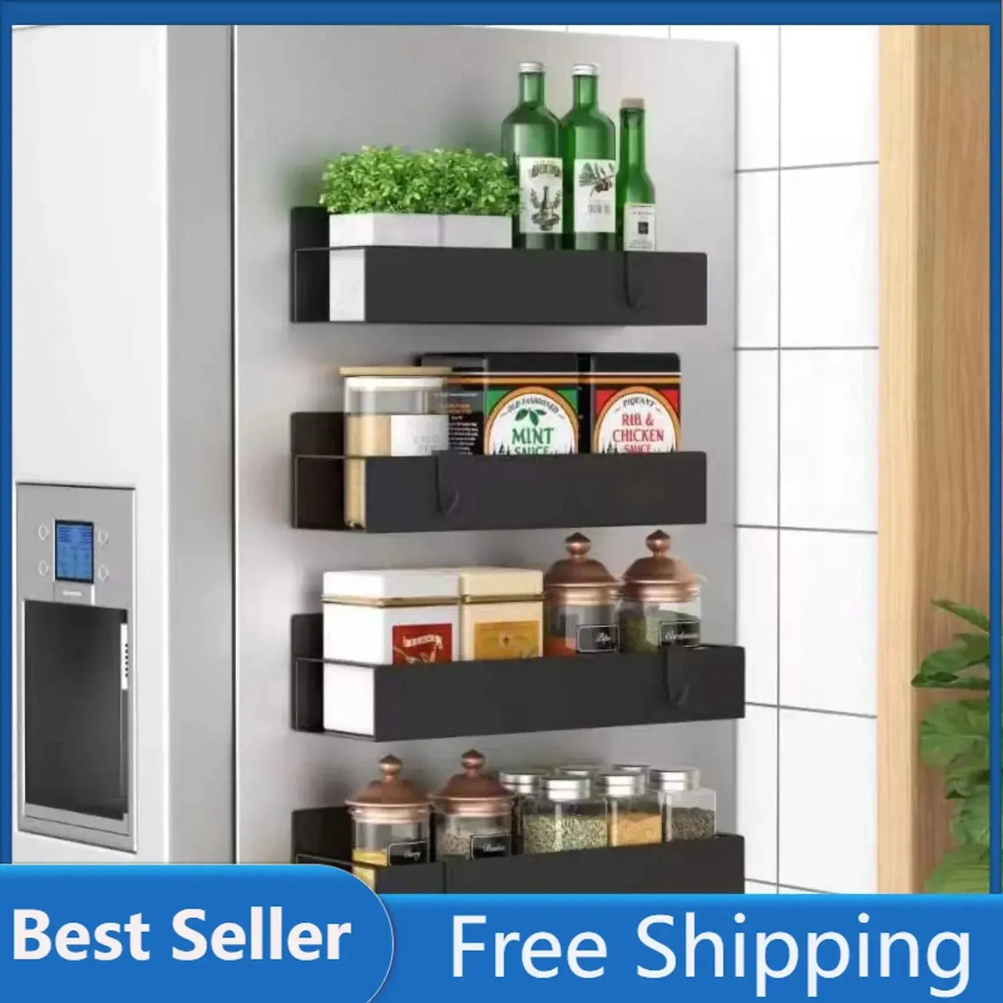 HuggieGems 4 Pack Magnetic Spice Storage Rack Organizer for Refrigerator and Oven Black Fridge Storage Holders Eye Catching Short product image