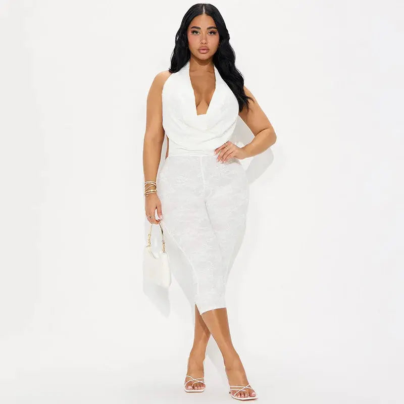 Joskaa 2025 Summer Lace Swing Collar Capri Pants Jumpsuits Women Sexy Halter Backless Bandage Skinny Rompers Midnight Clubwear NNOS