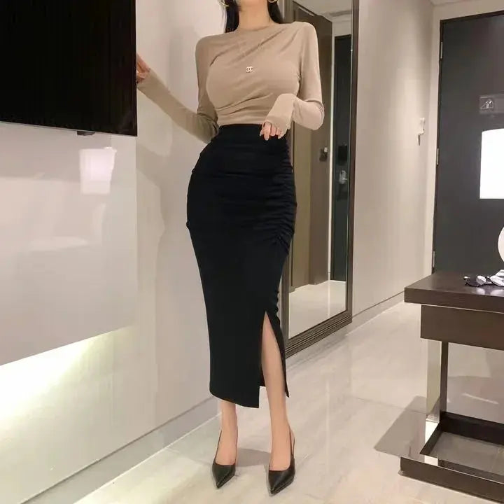 Korean Fashion Slim Fit Fishtail Skirt – Sexy Pleated Split Autumn Outfit NNOS