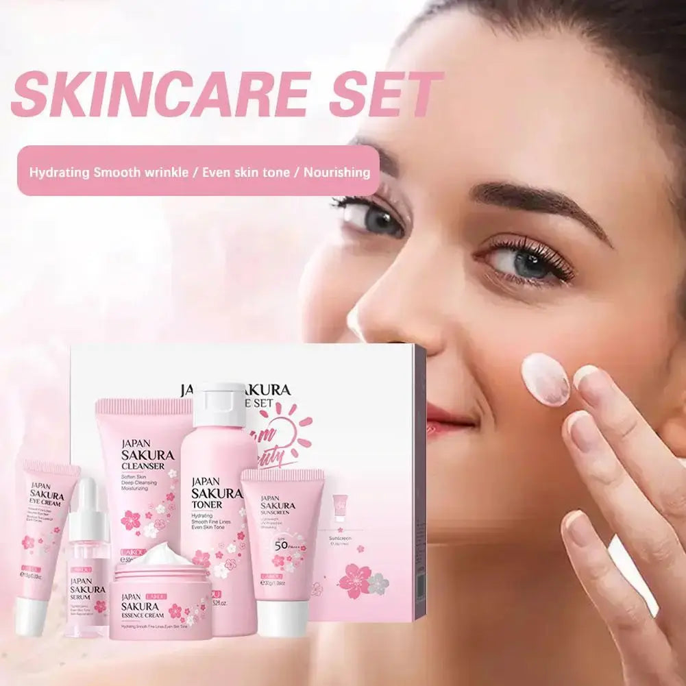 6Pcs Sakura Skin Care Set – Face Cream, Serum, Toner & Cleanser Gift Box NNOS