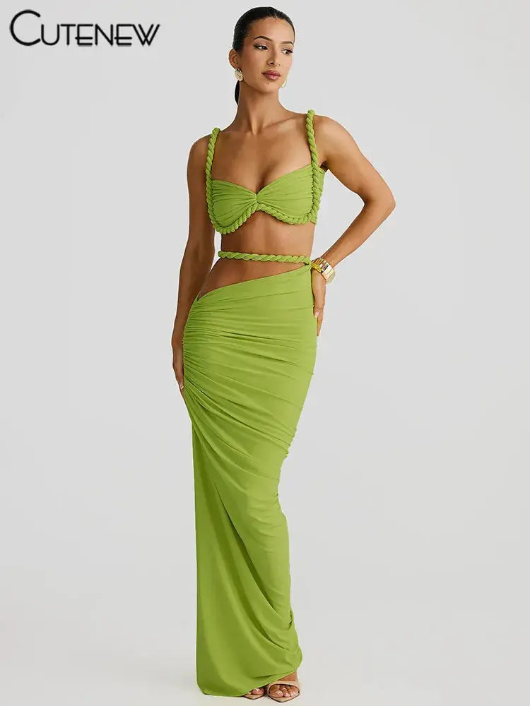 CuteNew Women’s 2-Piece Set – Pleated Crop Cami & Shirred High-Waist Maxi Skirt NNOS