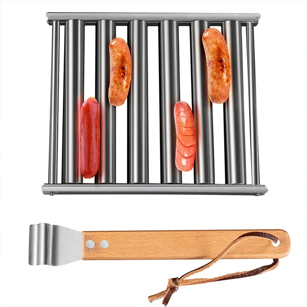 Hot Dog Roller Sausage Roller Rack Stainless Steel Hot Dog Grill Roller with Wooden Handle BBQ Hotdog Roller Grill Accessories NNOS