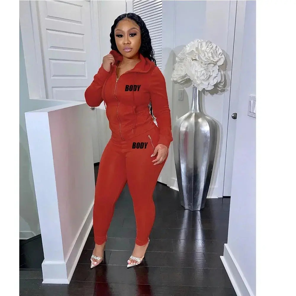 Women's Spring Winter 2 Piece Set Zipper Fly Hoodie And Pants Outfit High Stretch Polyester Spandex Body Letter Tracksuit Sweatsuit NNOS
