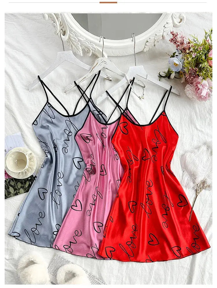 Heart Letter Print Nightdress Casual Round Neck Spaghetti Strap Sleep Dress Women's Sleepwear Dresses NNOS