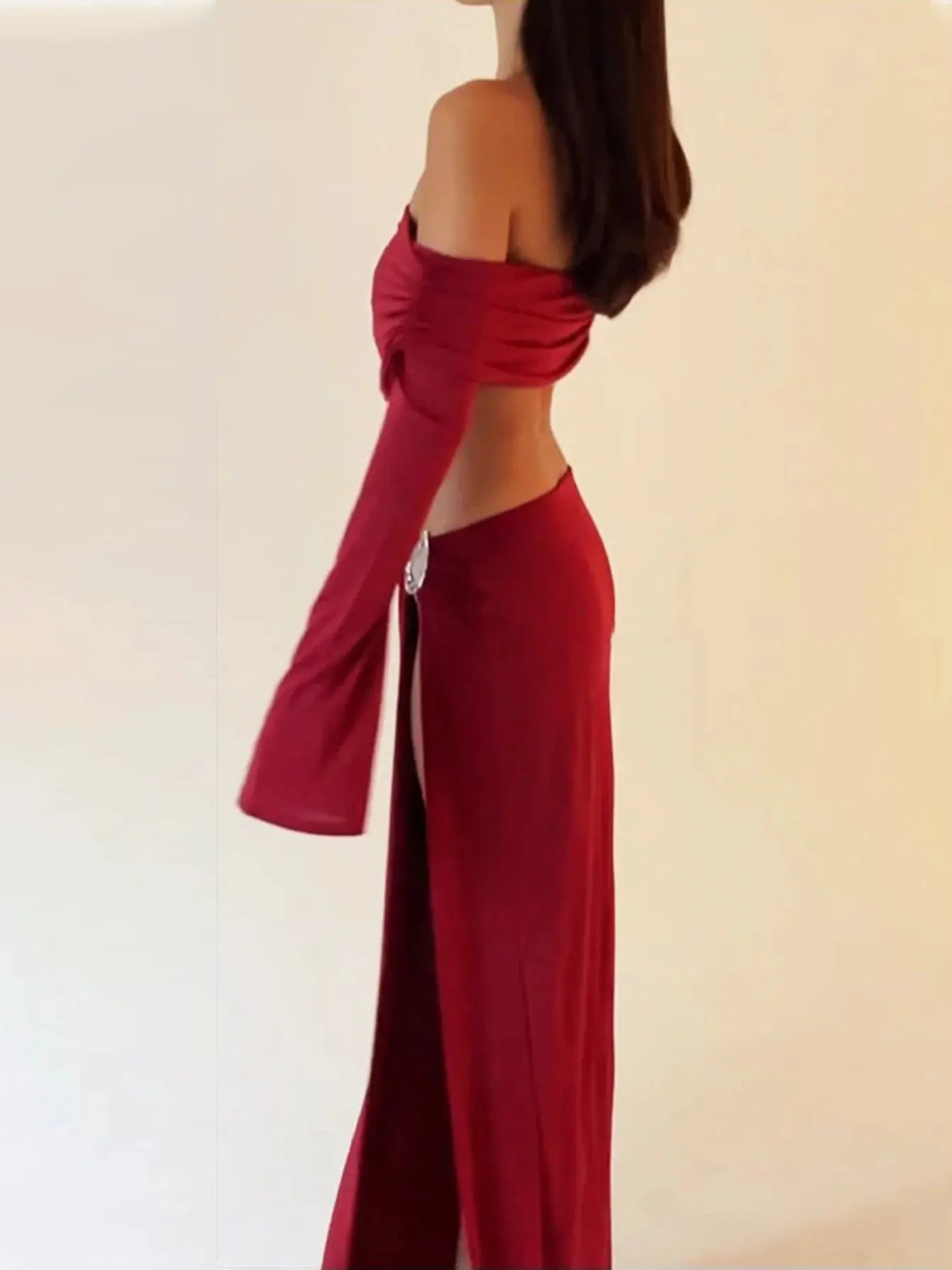 Dulzura Sexy 2-Piece Skirt Set – Off-Shoulder Ruched Crop Top & Slit Maxi Skirt NNOS