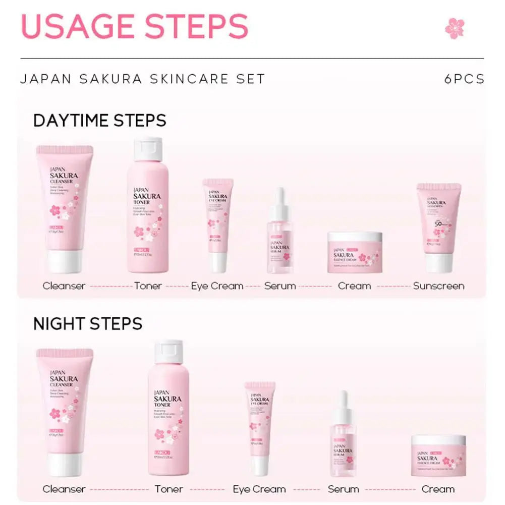 6Pcs Sakura Skin Care Set – Face Cream, Serum, Toner & Cleanser Gift Box NNOS