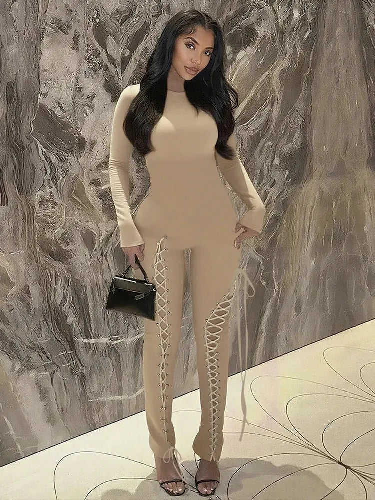 Sexy Fall Jumpsuits for Women DIY Shirring O-Neck Full Sleeve Stretch Polyester Slim Fit Ankle-Length Party Clubwear NNOS