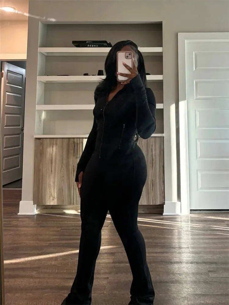 Autumn And Winter New Long Sleeves Zipper Crop top Suits Tracksuits Women's Suits Fashion Pants Female Soild 2 Piece Sets 2024 NNOS