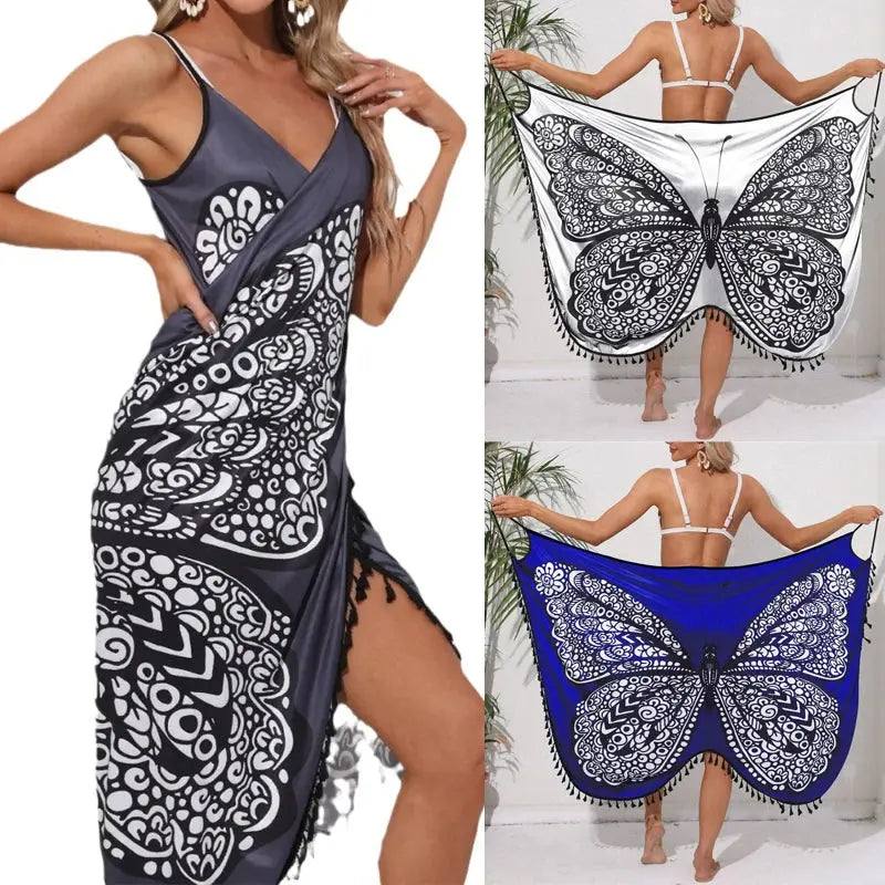 Women Bikini Sexy Butterfly Print Cover Up Swimwear Women Dress Summer Tunic Bath Sarong Wrap Skirt Swimsuit Elegant Beachwear NNOS
