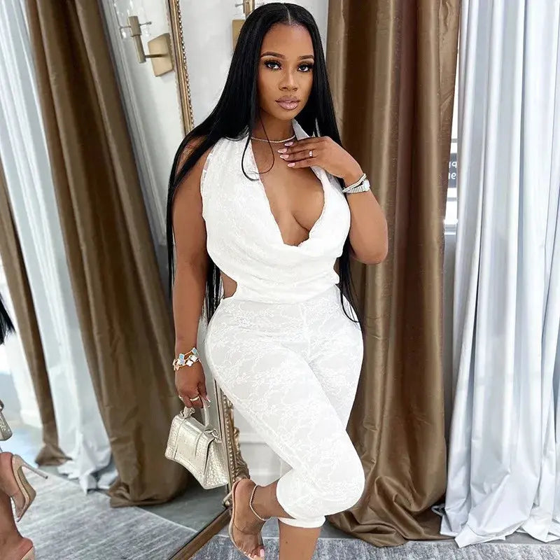 Joskaa 2025 Summer Lace Swing Collar Capri Pants Jumpsuits Women Sexy Halter Backless Bandage Skinny Rompers Midnight Clubwear NNOS