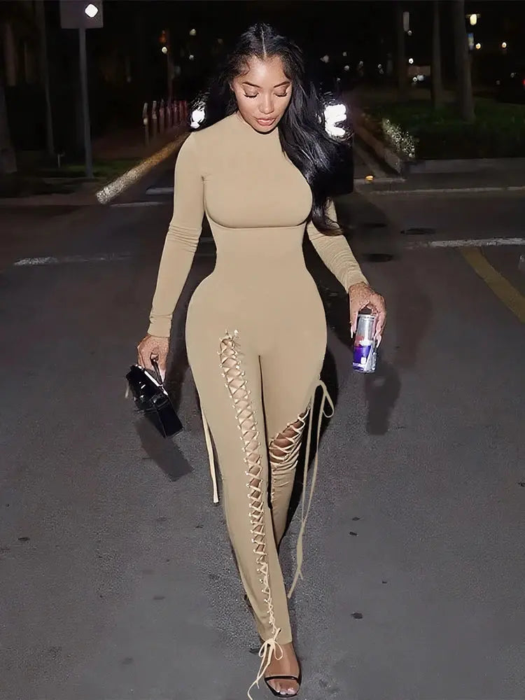 Sexy Fall Jumpsuits for Women DIY Shirring O-Neck Full Sleeve Stretch Polyester Slim Fit Ankle-Length Party Clubwear NNOS
