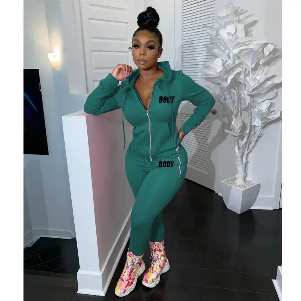 Women's Spring Winter 2 Piece Set Zipper Fly Hoodie And Pants Outfit High Stretch Polyester Spandex Body Letter Tracksuit Sweatsuit NNOS