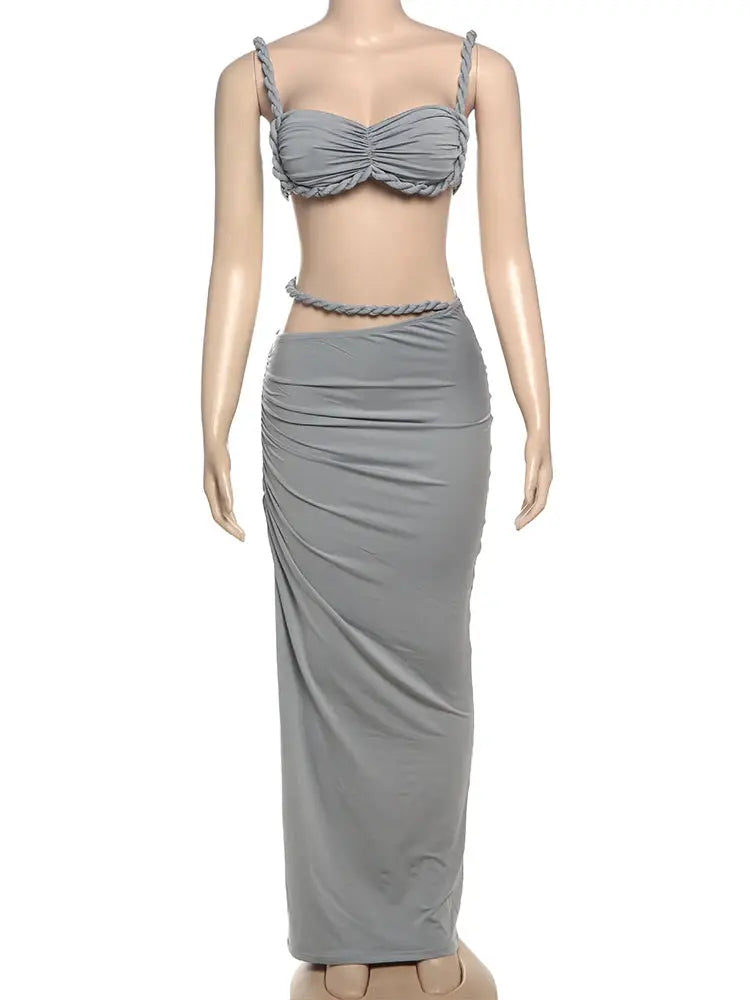 CuteNew Women’s 2-Piece Set – Pleated Crop Cami & Shirred High-Waist Maxi Skirt NNOS