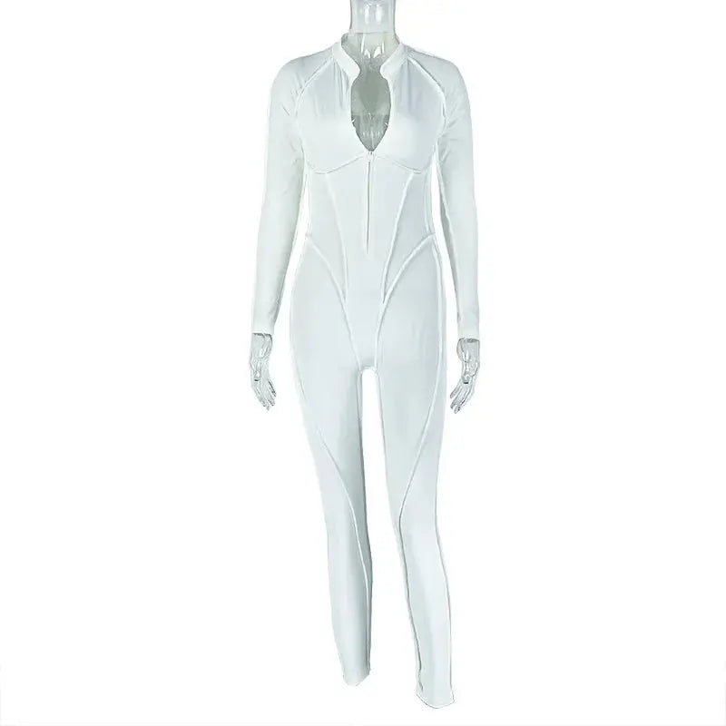 Women's Casual Sporty Zip Low-Neck Backless Jumpsuit Full Sleeve Skinny Peach High Street Style Solid Overalls Middle Age Size NNOS