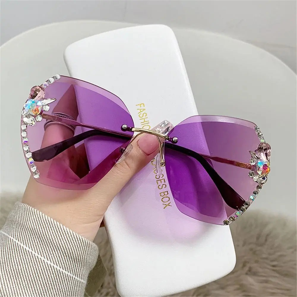 UV400 Rimless Rhinestone Sunglasses for Women – Shiny Diamond Cutting Lens Frameless Fashion Sunglasses NNOS