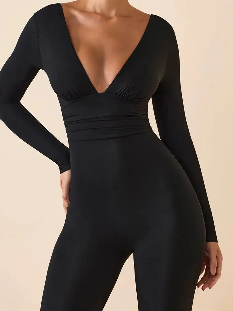 Black Pleated Big Flare Jumpsuit V Neck Long Sleeve Slim Fit Backless Pants for Women Sexy Casual Full-Length Polyester Trousers NNOS