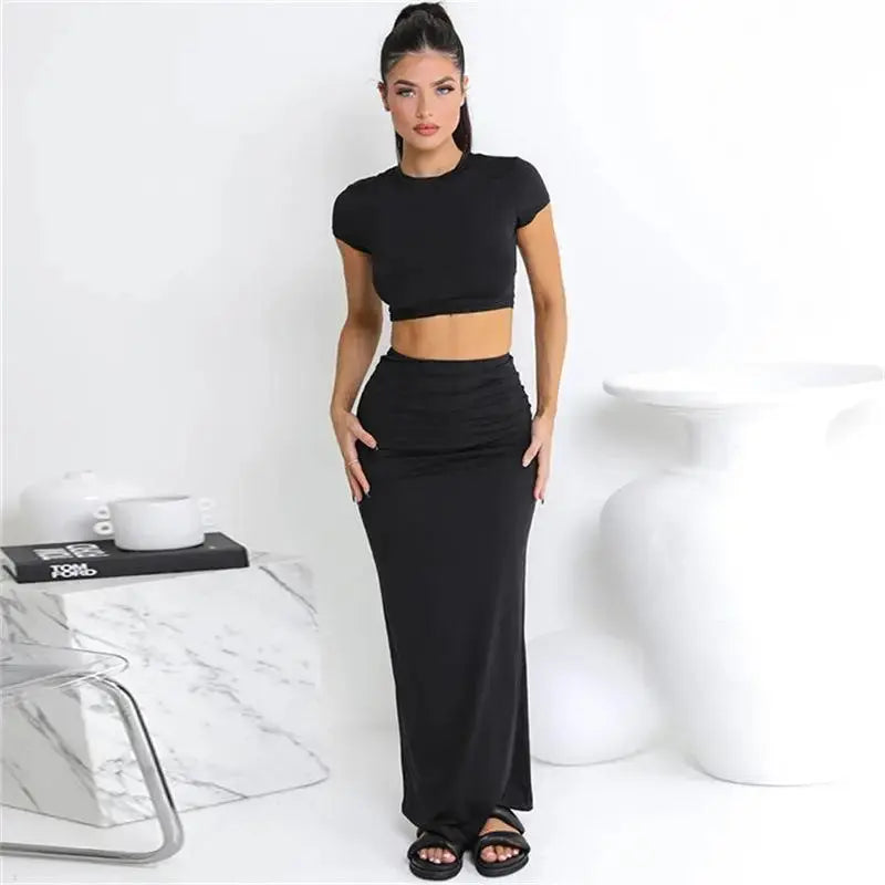 Women's High Waist Crop Top Tirt ort Sve Ethnic Sle  Color Spring Faion Set Tee Pieces Ensemble NNOS