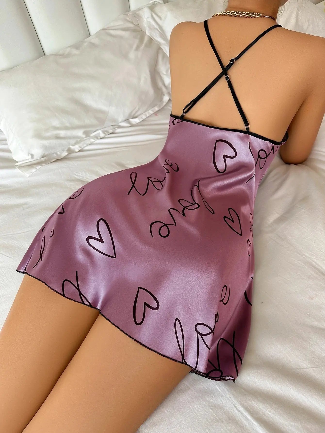 Heart Letter Print Nightdress Casual Round Neck Spaghetti Strap Sleep Dress Women's Sleepwear Dresses NNOS