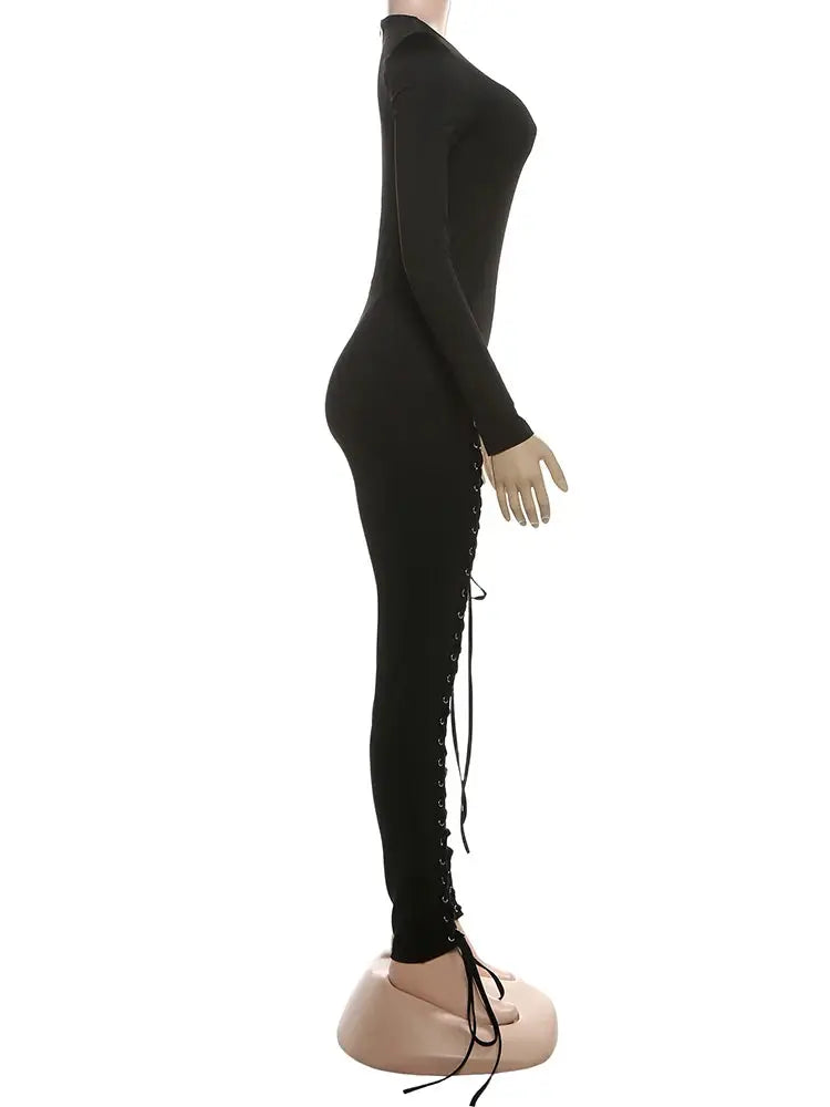 Sexy Fall Jumpsuits for Women DIY Shirring O-Neck Full Sleeve Stretch Polyester Slim Fit Ankle-Length Party Clubwear NNOS